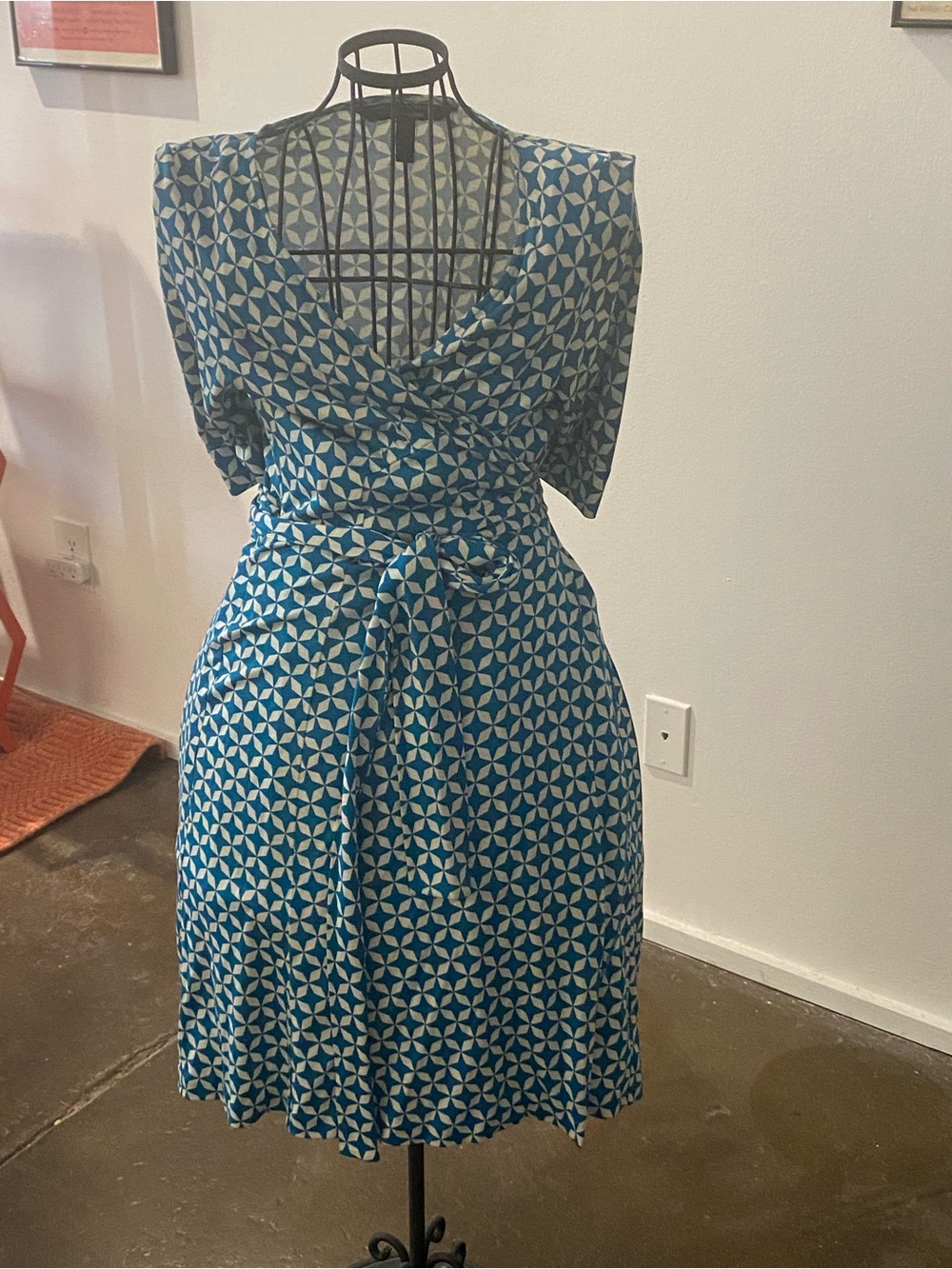 Diane Von Furstenberg Teal and White Geometric Wrap Midi Dress